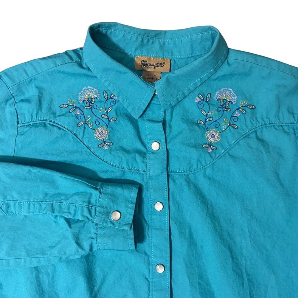 Wrangler Western Pearl Snap Button Down Womens XXL Blue Floral Embroidered Retro